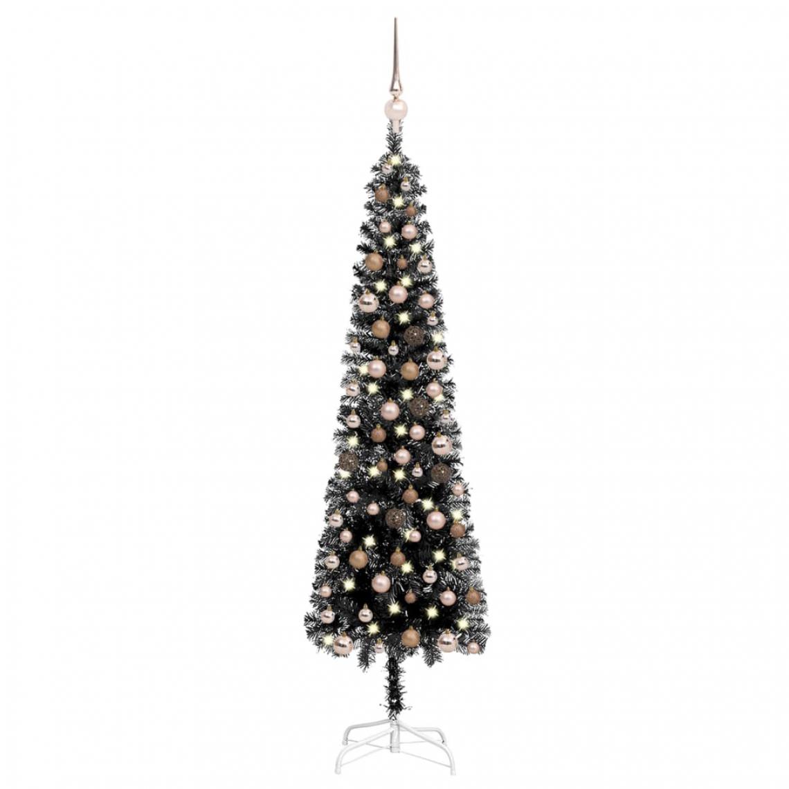 Wottes - Arbre de Noël mince avec LED et boules Noir- 150 cm - Sapin de Noël