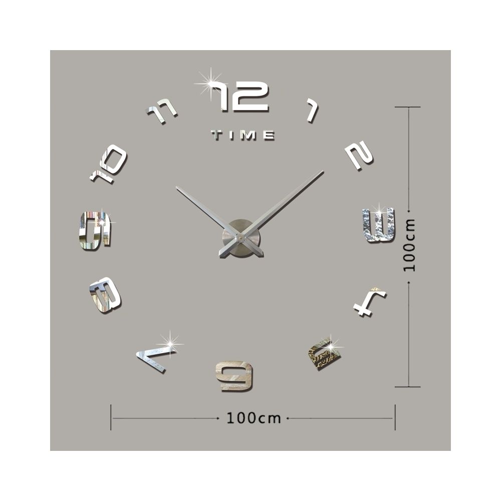 Wewoo - Horloges DIY argent Chambre Home Office Décoration Moderne Frameless Grand Nombre BRICOLAGE 3D Miroir Wall Sticker Tranquille Horloge, Taille: 100 * 100 cm - Horloges, pendules