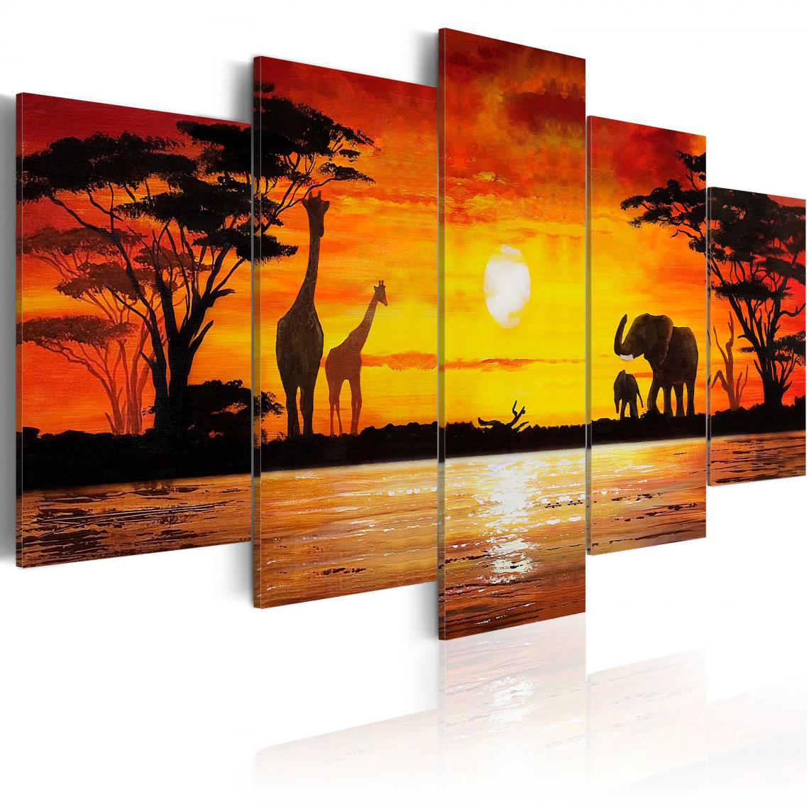 Decoshop26 - Tableau sur toile en 5 panneaux décoration murale image imprimée cadre en bois à suspendre Safari chaud 200x100 cm 11_0007696 - Tableaux, peintures