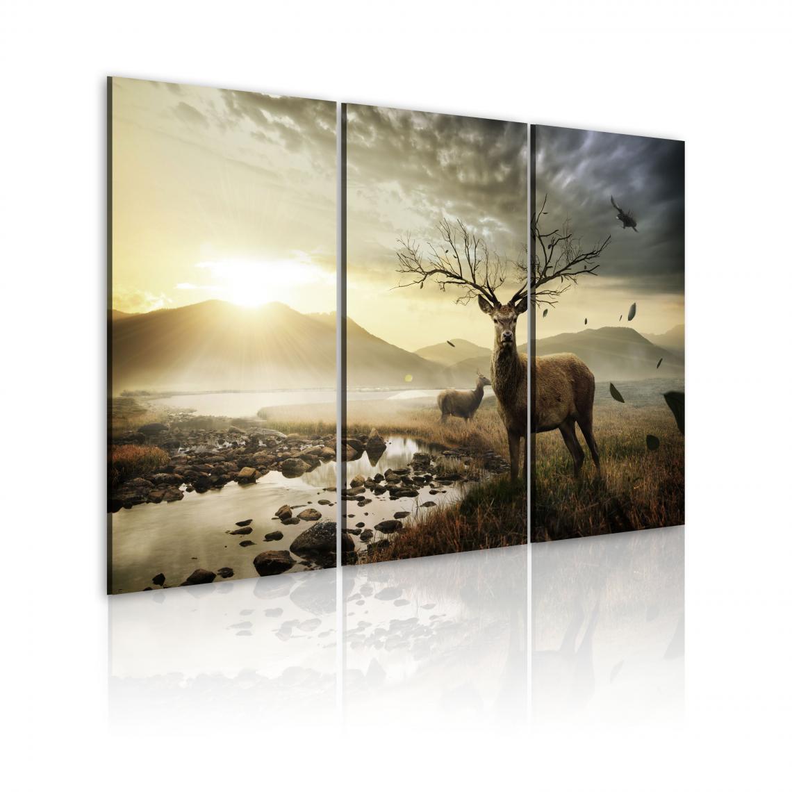 Decoshop26 - Tableau sur toile en 3 panneaux décoration murale image imprimée cadre en bois à suspendre Cerfs avec un bois 90x60 cm 11_0009444 - Tableaux, peintures