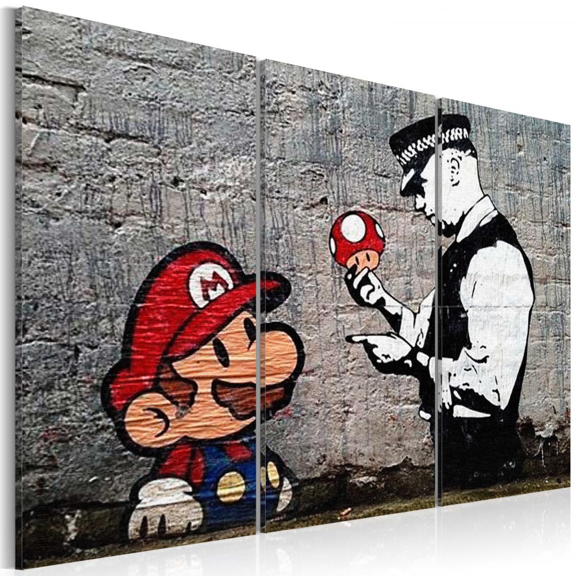 Decoshop26 - Tableau sur toile en 3 panneaux décoration murale image imprimée cadre en bois à suspendre Super Mario Mushroom Cop par Banksy 120x80 cm 11_0003459 - Tableaux, peintures