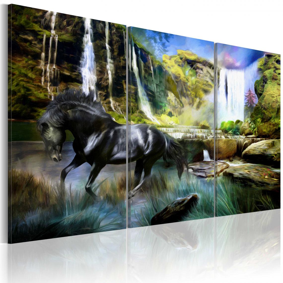 Decoshop26 - Tableau sur toile en 3 panneaux décoration murale image imprimée cadre en bois à suspendre Cheval sur fond de cascade bleue 90x60 cm 11_0002992 - Tableaux, peintures