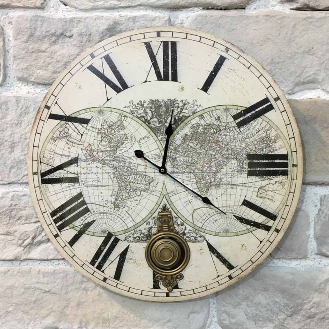 Chemin De Campagne - Horloge Murale de Cuisine Salon Chambre Mappemonde à Balancier 58 cm Bois MDF - Horloges, pendules