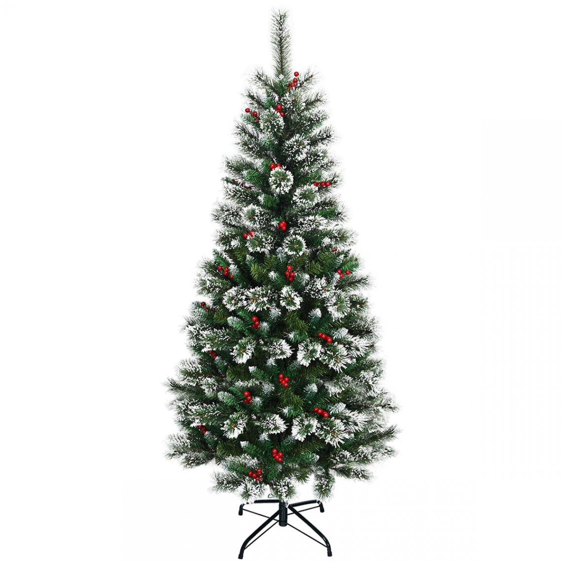 Costway - Sapin de Noël Artificiel 180cm avec Flocons de Neige avec Baies Rouges Dense Base en Métal - Sapin de Noël