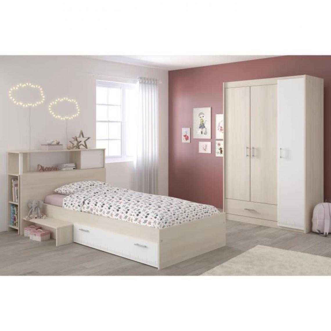 Sans Marque - CHARLEMAGNE Chambre enfant complete - Tete de lit + lit + armoire - Style contemporain - Decor acacia clair et blanc - Objets déco