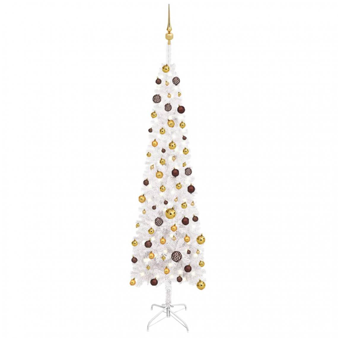 Wottes - Arbre de Noël mince avec LED et boules Blanc 210 cm - Sapin de Noël