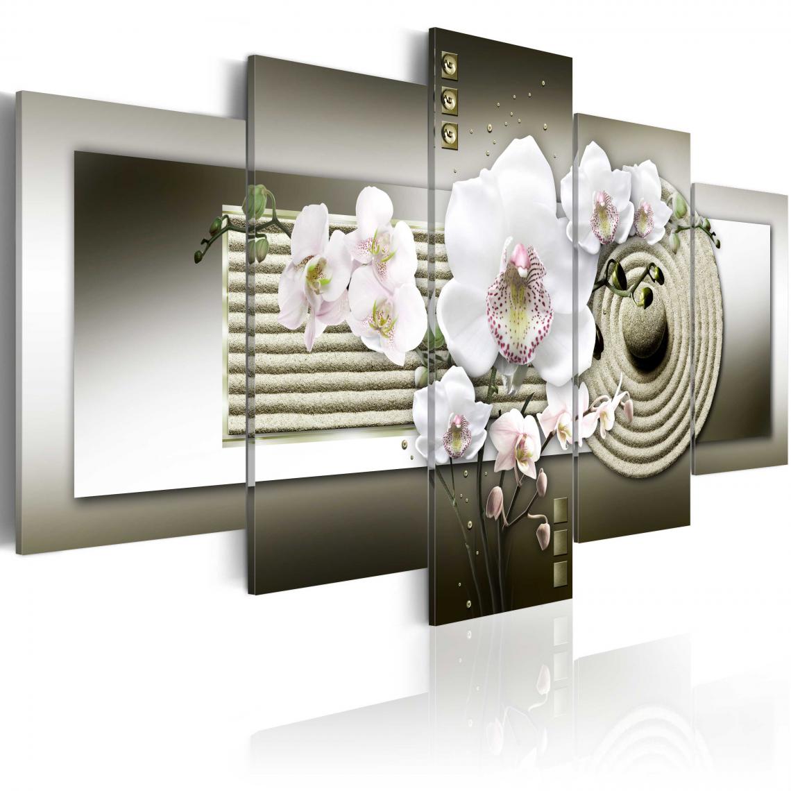 Decoshop26 - Tableau sur toile en 5 panneaux décoration murale image imprimée cadre en bois à suspendre Orchidée et jardin zen en gris 200x100 cm 11_0008960 - Tableaux, peintures