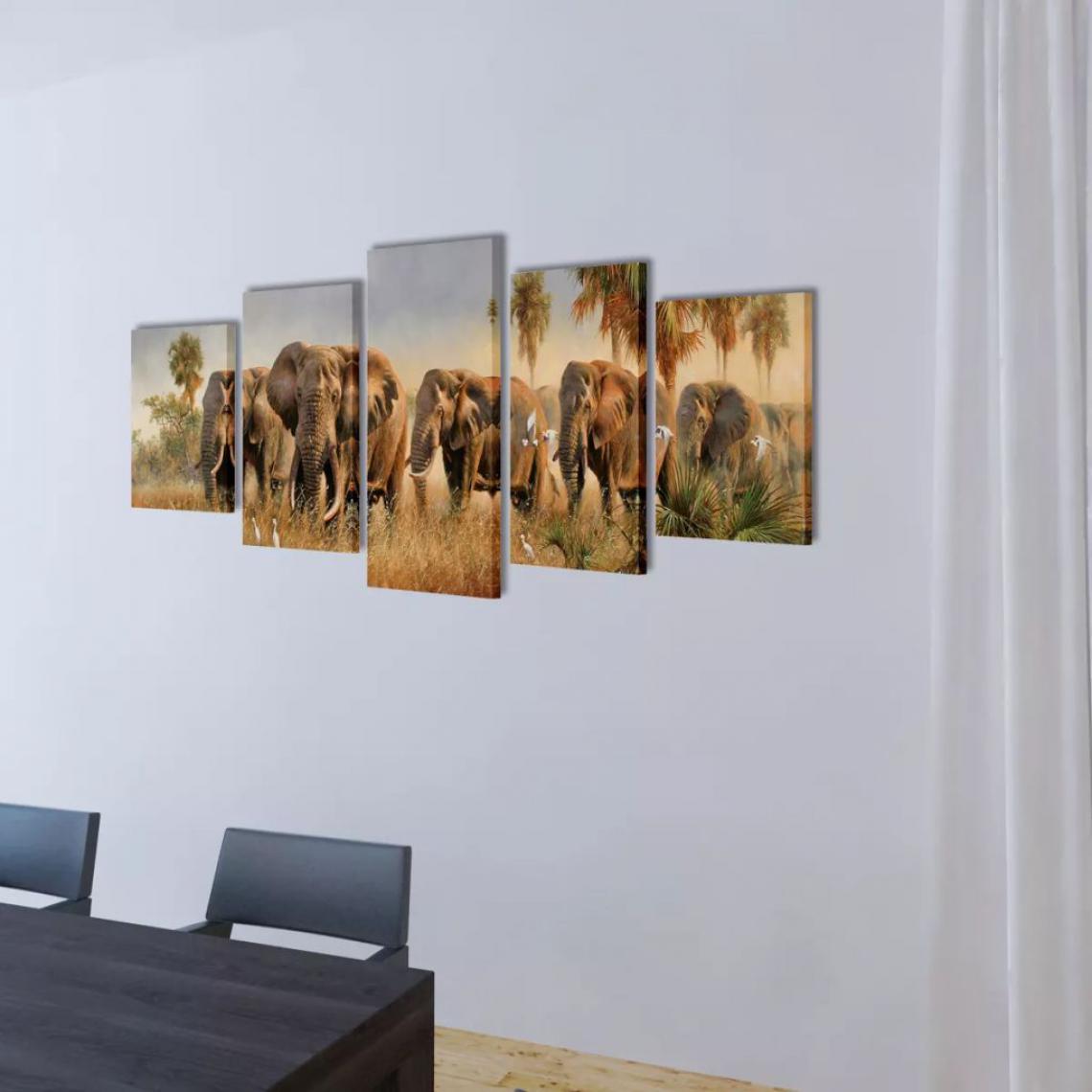 Icaverne - Icaverne - Affiches, reproductions et œuvres graphiques ensemble Set de toiles murales imprimées Éléphants 200 x 100 cm - Affiches, posters