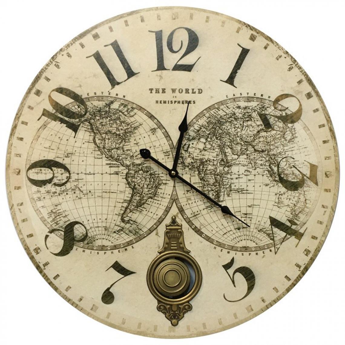 Chemin De Campagne - Horloge Mappemonde Hémisphère Planet à Balancier 58 cm Bois MDF - Horloges, pendules