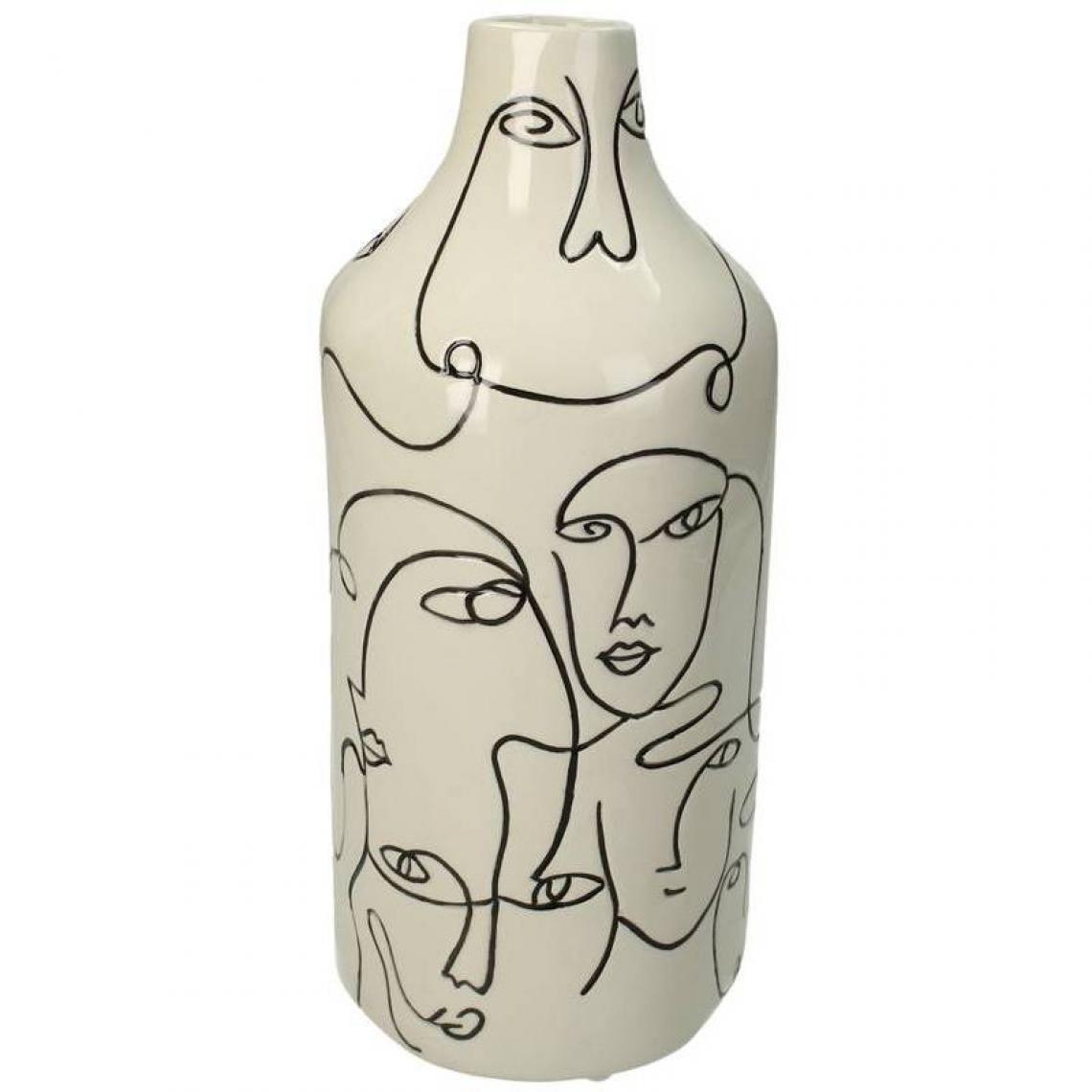 L'Héritier Du Temps - Vase Visages Blanc Décoration à Poser Design Pot de Fleurs Tendance en Faïence Fine Blanche et Noire 13x13x28cm - Vases