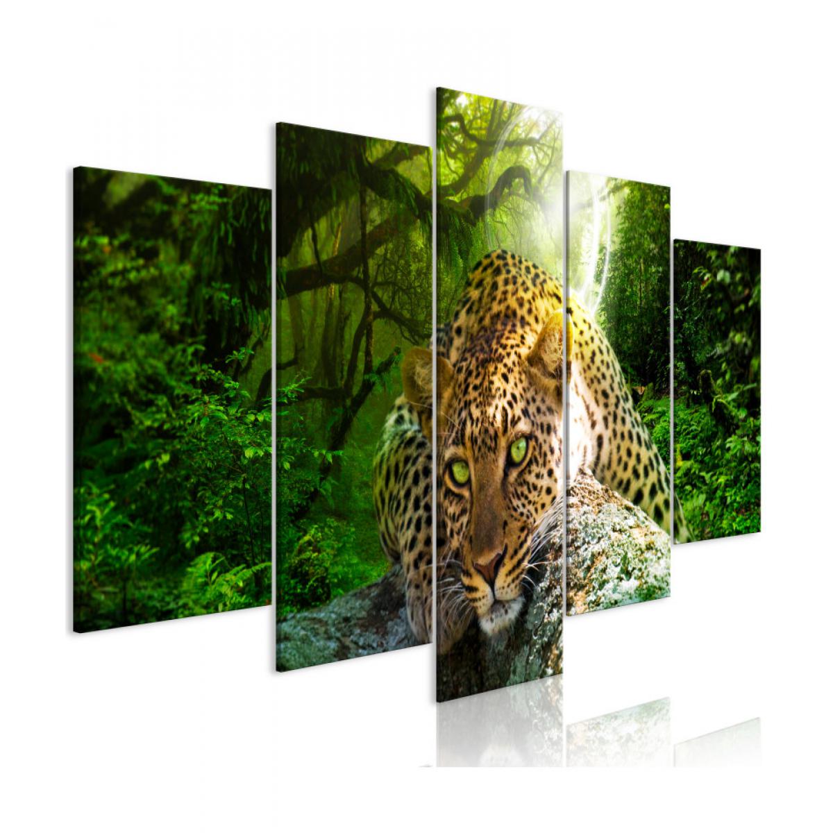 Artgeist - Tableau - Leopard Lying (5 Parts) Wide Green 100x50 - Tableaux, peintures