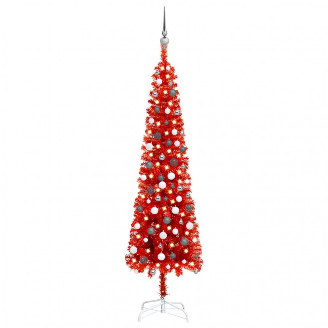 Wottes - Arbre de Noël mince avec LED et boules -Rouge 210 cm - Sapin de Noël