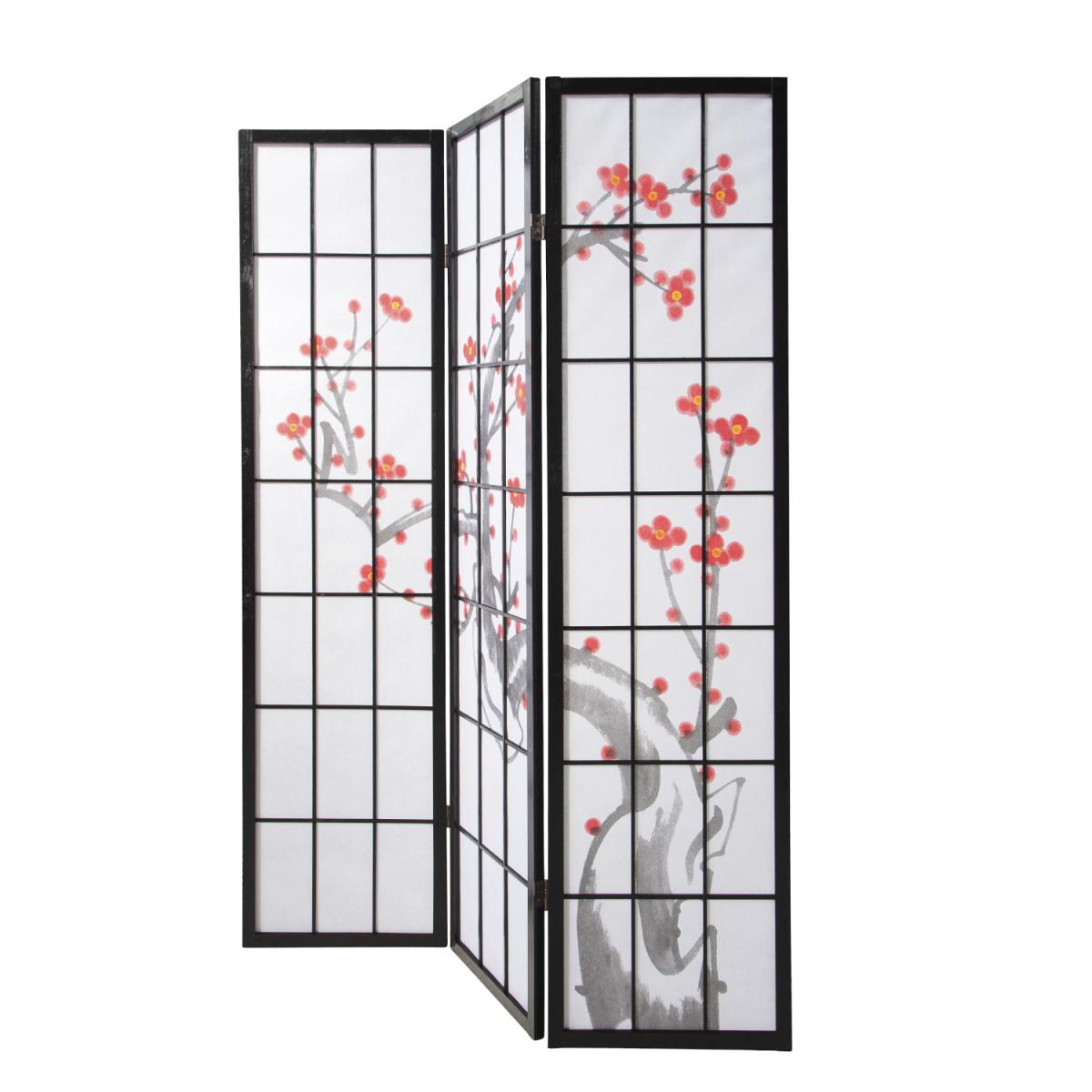 Icaverne - Joli Paravent en bois 3 pans175 X 132 fleurs de cerisier noir en papier de riz Shoji blanc - Paravents