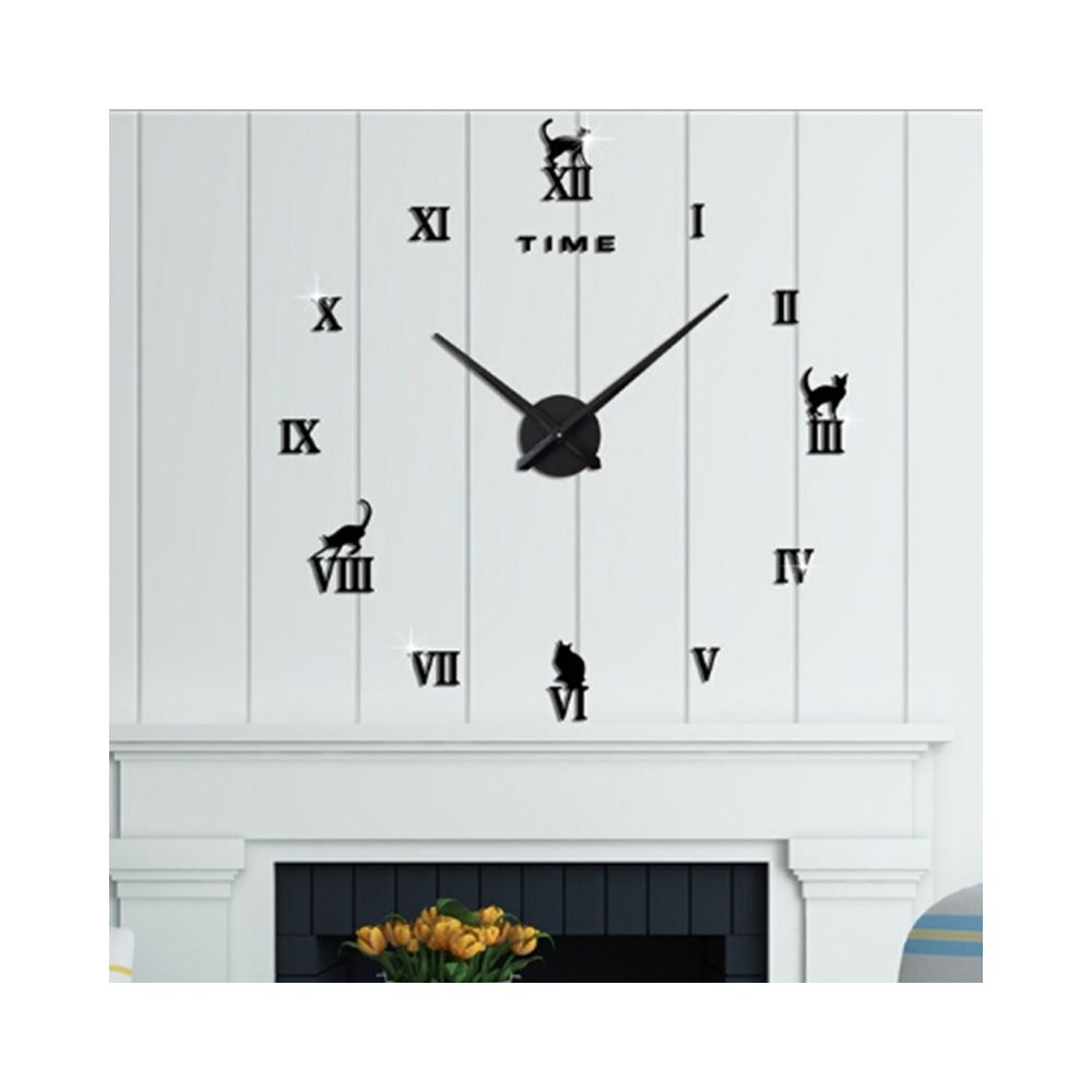 Wewoo - Horloges DIY noir Home Office Décor Frameless Chat Forme Grande Taille DIY 3D Miroir Surface Stickers Muraux Mute Horloge, Taille: 100 * 100 cm - Horloges, pendules