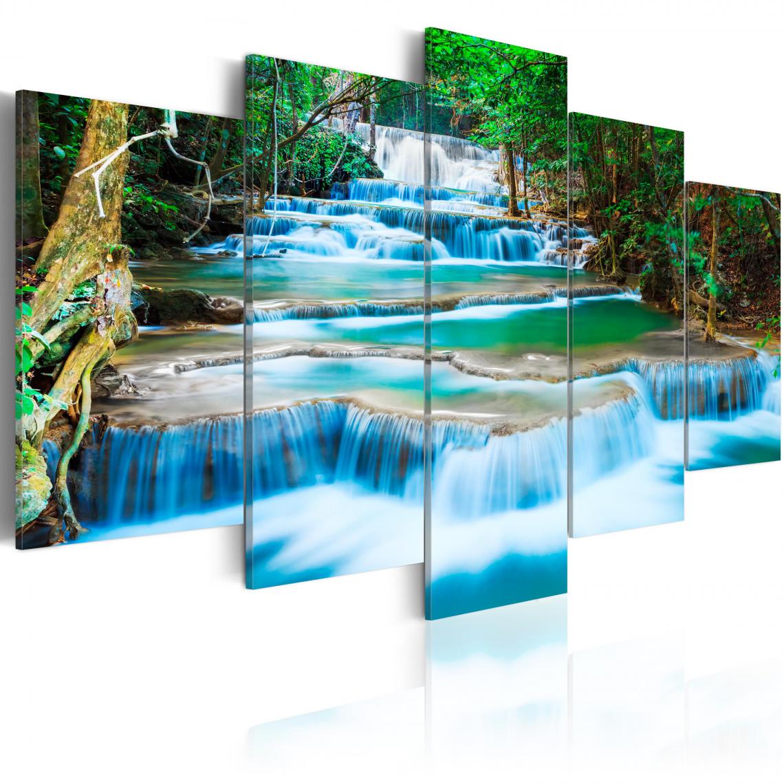 Decoshop26 - Tableau sur toile en 5 panneaux décoration murale image imprimée cadre en bois à suspendre Cascade bleue à Kanchanaburi, Thaïlande 100x50 cm 11_0006149 - Tableaux, peintures