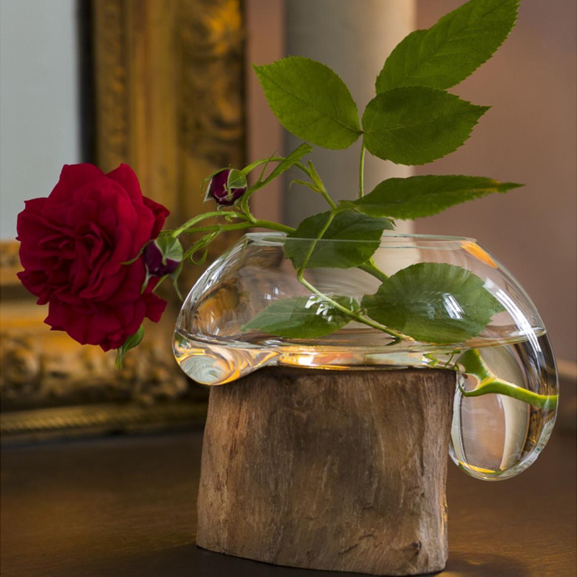 Generic Home - Petit vase POEME en verre soufflé sur une pièce de teck brut - Vases
