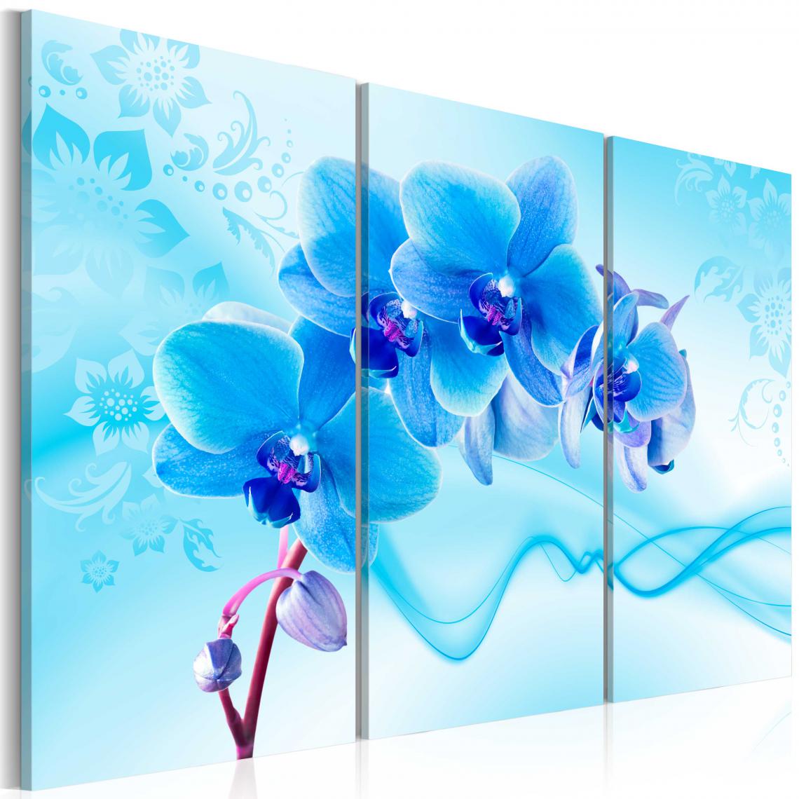 Decoshop26 - Tableau sur toile en 3 panneaux décoration murale image imprimée cadre en bois à suspendre Orchidée éthérée - bleu 90x60 cm 11_0005544 - Tableaux, peintures