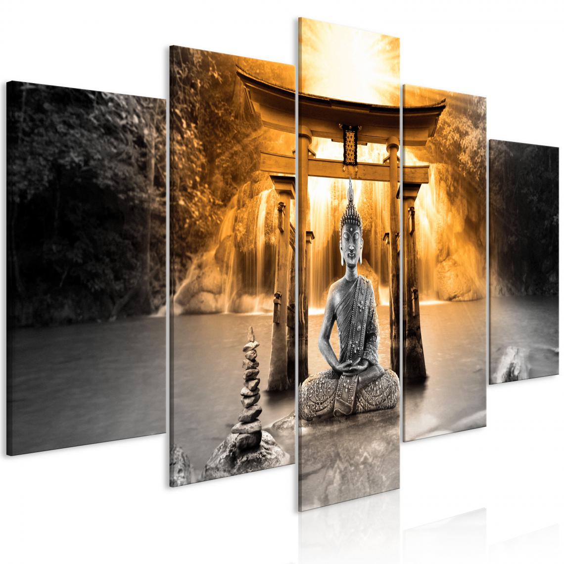 Decoshop26 - Tableau sur toile en 5 panneaux décoration murale image imprimée cadre en bois à suspendre Buddha Smile (5 Parties) Large Orange 100x50 cm 11_0009296 - Tableaux, peintures