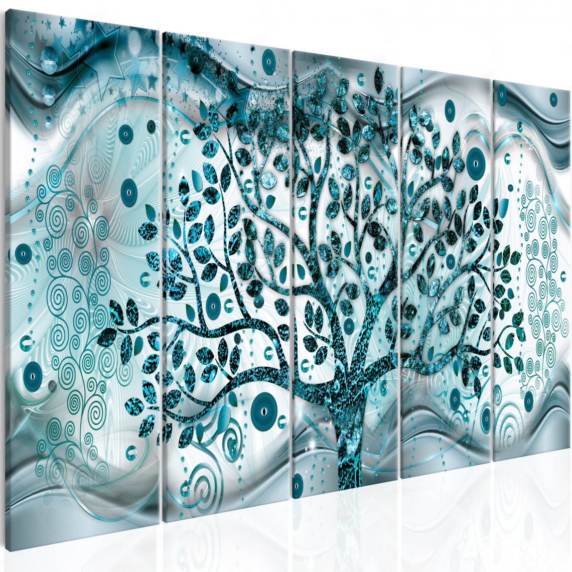 Decoshop26 - Tableau sur toile en 5 panneaux décoration murale image imprimée cadre en bois à suspendre Arbre et Vagues (5 Parties) Bleu 200x80 cm 11_0001386 - Tableaux, peintures