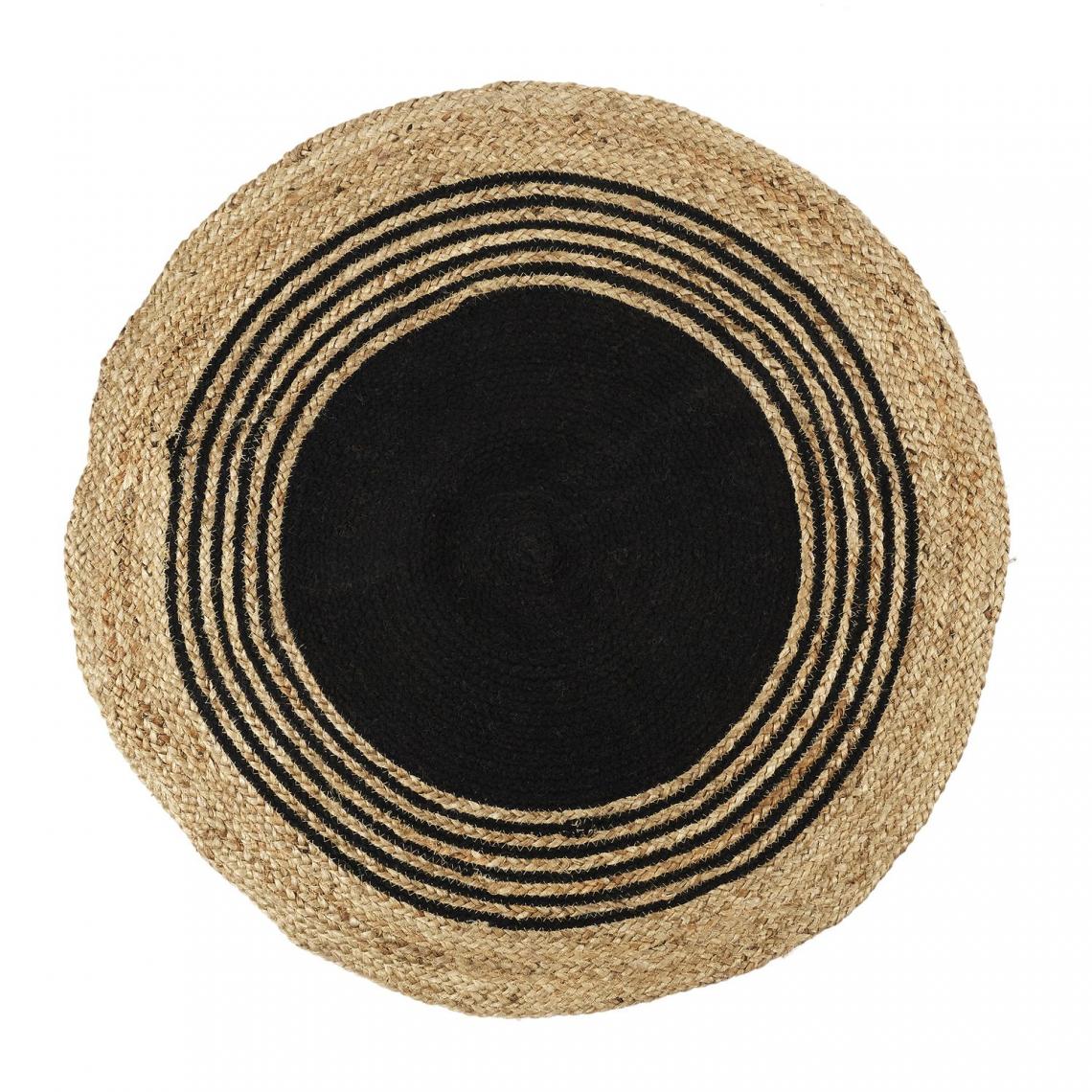 Toilinux - Tapis rond en Jute et coton - Imprimé Noir - Diamètre 90 cm - Tapis