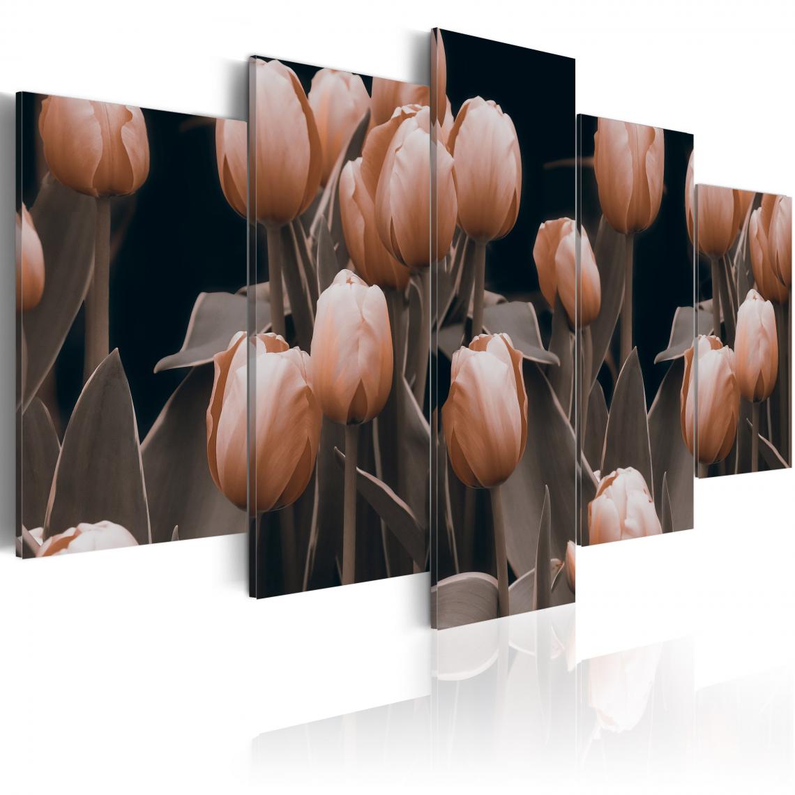 Decoshop26 - Tableau sur toile en 5 panneaux décoration murale image imprimée cadre en bois à suspendre Tulipes en sépia 100x50 cm 11_0005754 - Tableaux, peintures