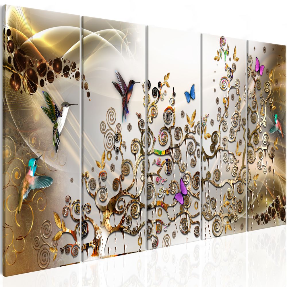 Bimago - Tableau - Hummingbirds Dance (5 Parts) Gold Narrow - Décoration, image, art | Animaux | Oiseaux | - Tableaux, peintures