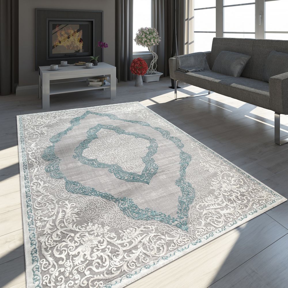Paco-Home - Tapis Oriental Moderne Effet 3D Chiné Scintillant Ornements Gris Turquoise - Tapis