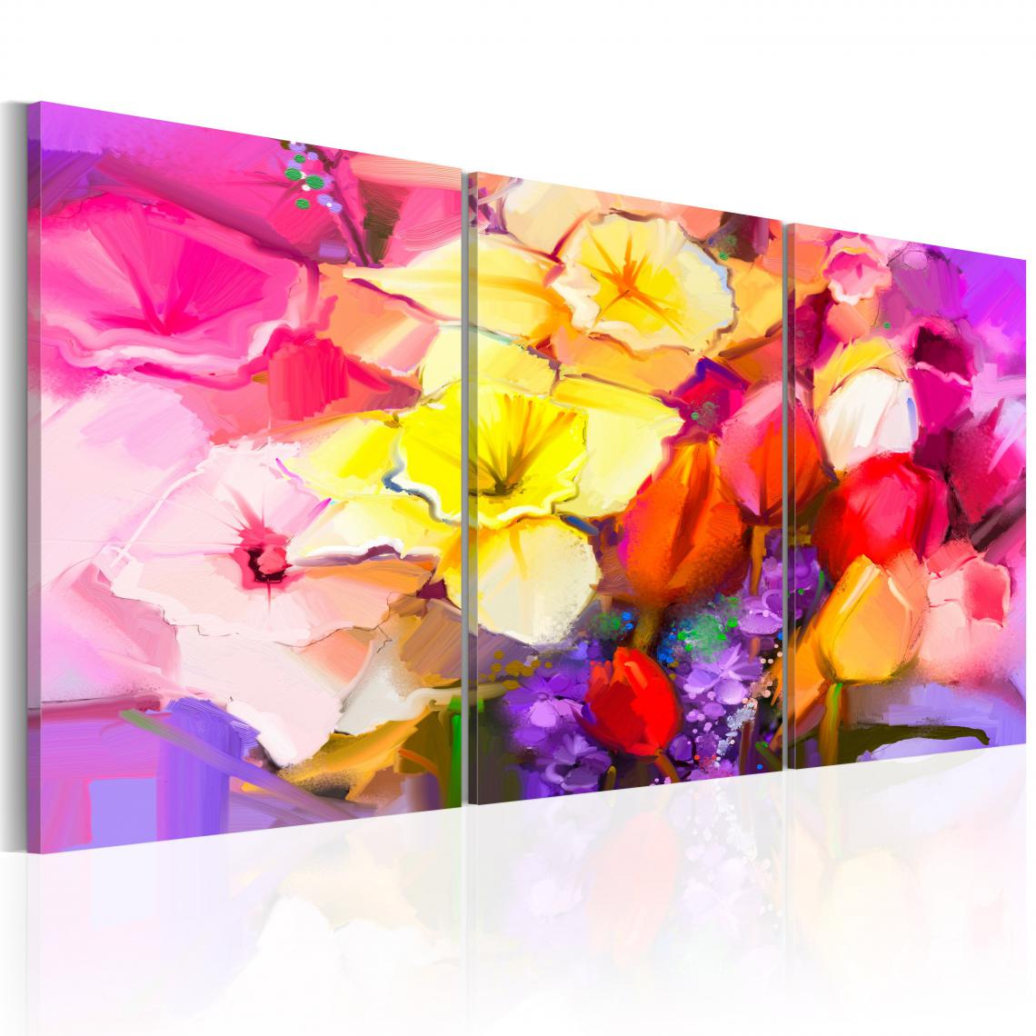 Decoshop26 - Tableau sur toile en 3 panneaux décoration murale image imprimée cadre en bois à suspendre Bouquet arc-en-ciel 120x60 cm 11_0004754 - Tableaux, peintures