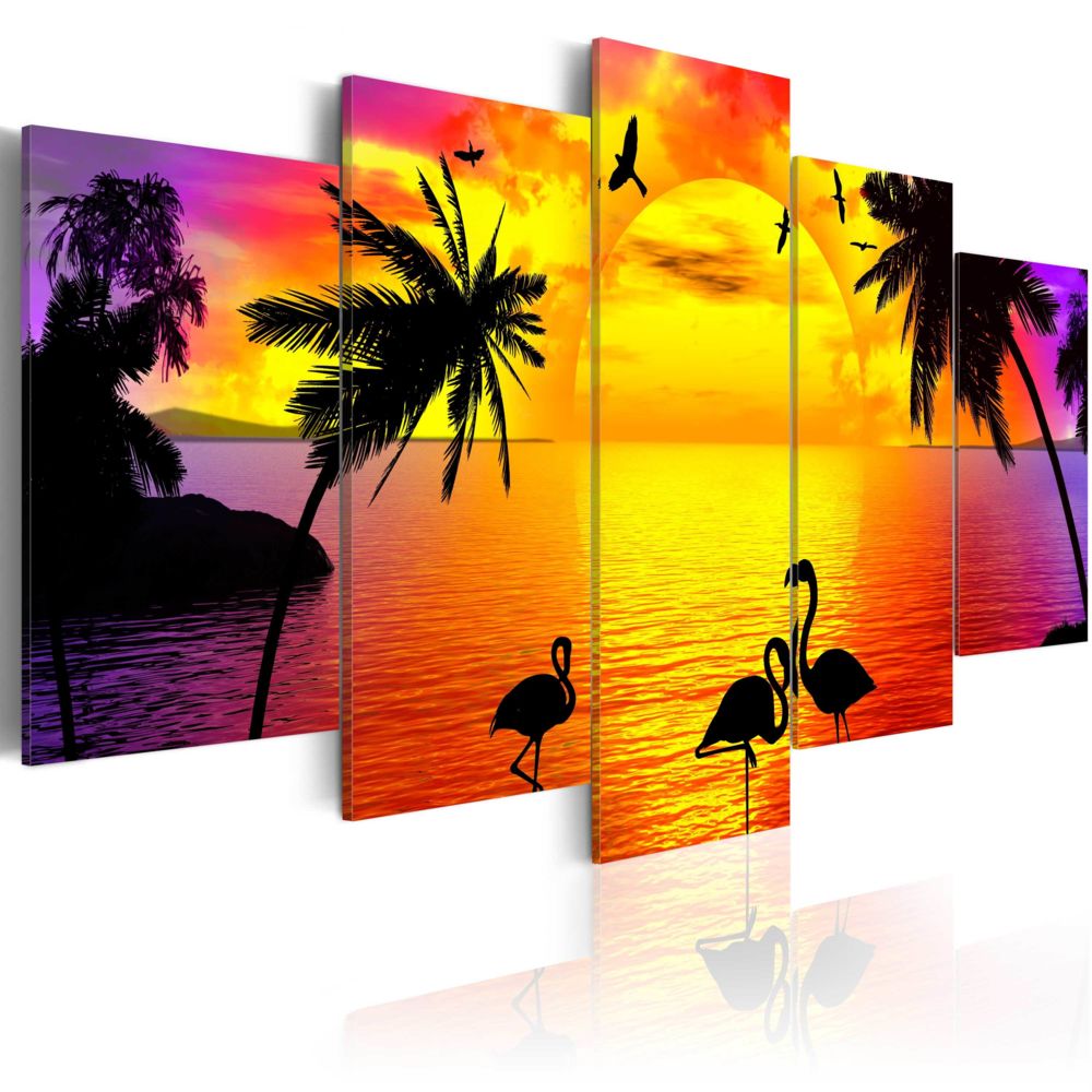 Bimago - Tableau | Sunset and Flamingos | 100x50 | Paysages | Levers et couchers de soleil | - Tableaux, peintures