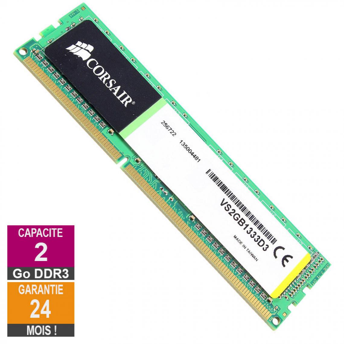 Corsair - Barrette Mémoire 2Go RAM DDR3 Corsair VS2GB1333D3 DIMM PC3-10600U 1333MHz 1Rx8 - RAM PC Fixe