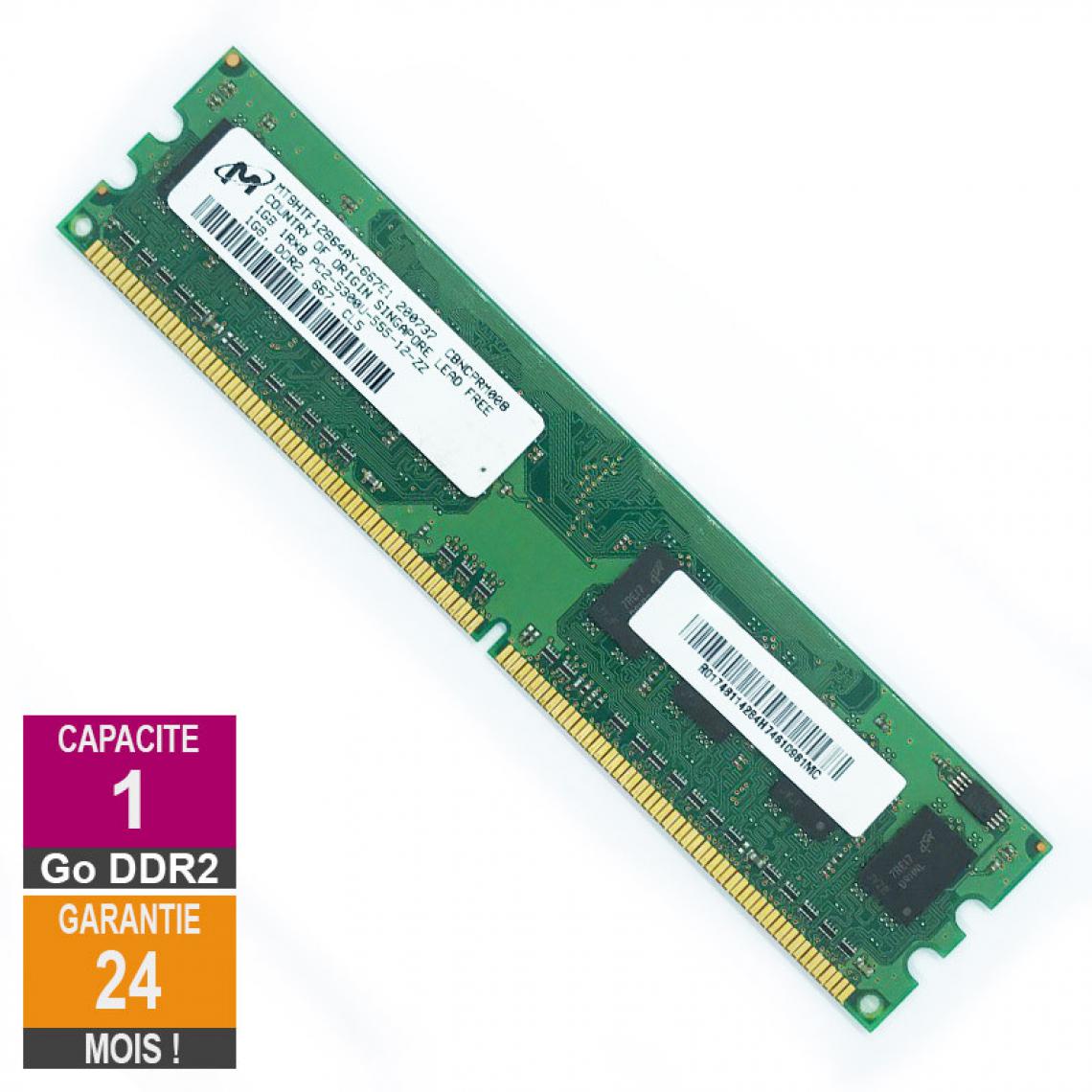 Micron - Barrette Mémoire 1Go RAM DDR2 Micron MT8HTF12864AY-667E1 DIMM PC2-5300U 1Rx8 - RAM PC Fixe