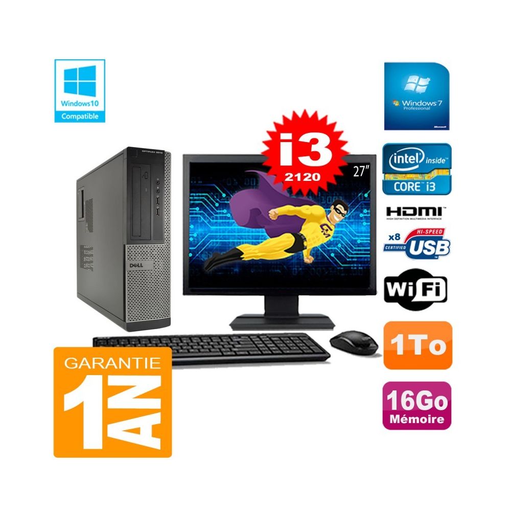 Dell - PC DELL 3010 DT Core I3-2120 Ram 16Go Disque 1 To Wifi W7 Ecran 27"" - PC Fixe