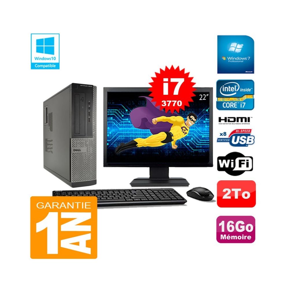 Dell - PC DELL 3010 DT Core I7-3770 Ram 16Go Disque 2 To Wifi W7 Ecran 22"" - PC Fixe