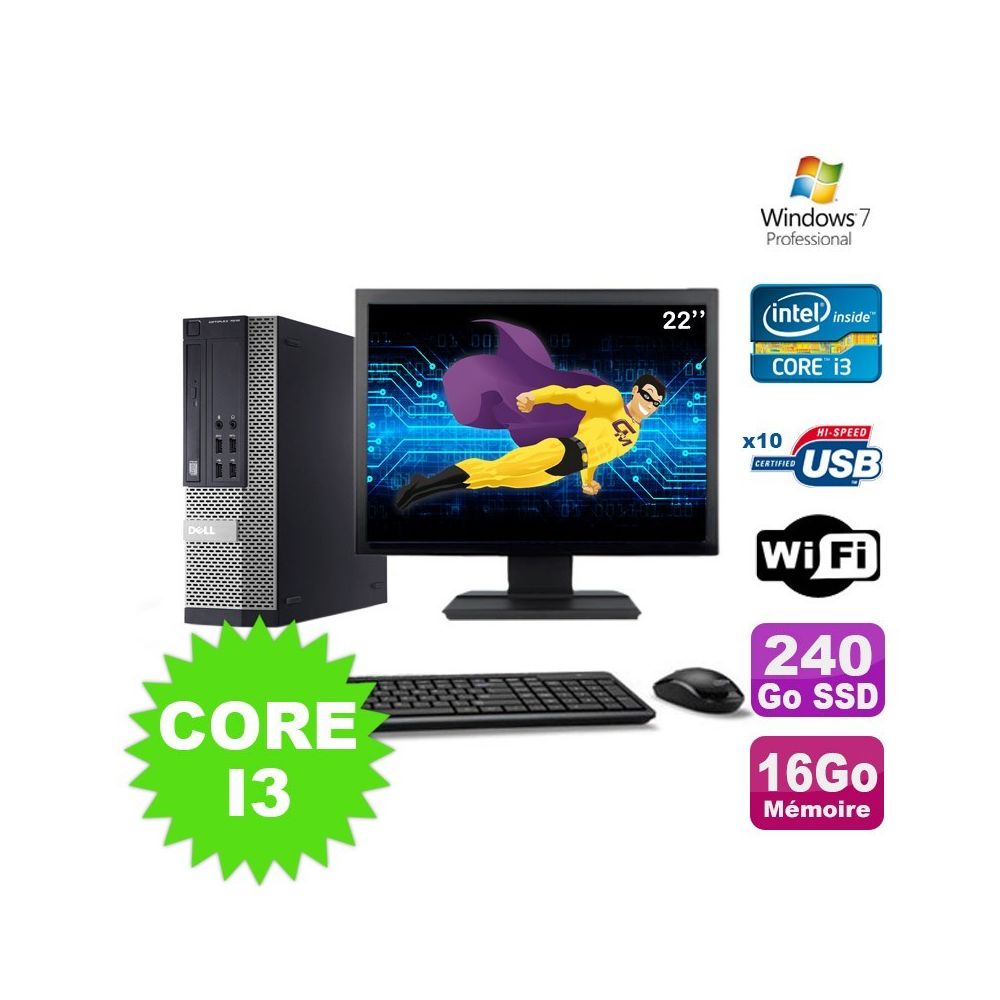 Dell - Lot PC Dell Optiplex 990 SFF I3-2120 3.3GHz 16Go 240Go SSD DVD Wifi W7 + Ecran 22"" - PC Fixe