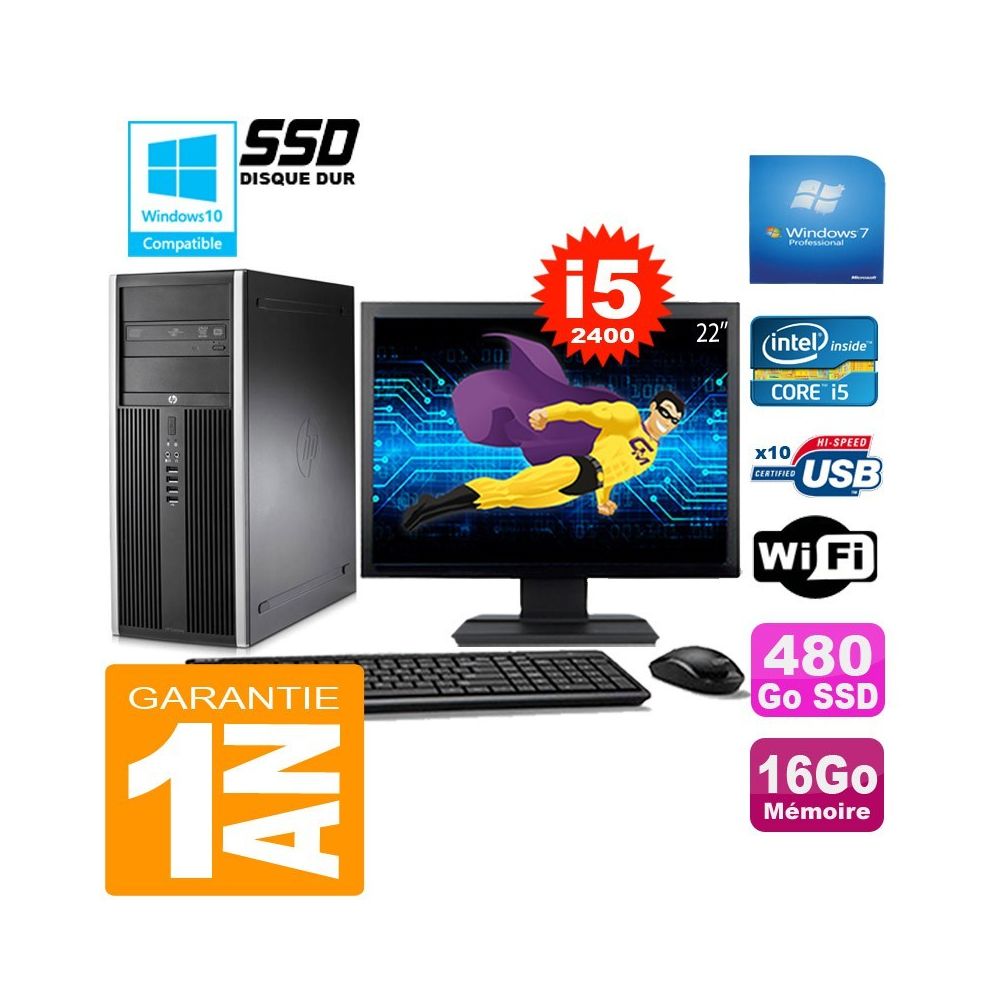 Hp - PC Tour HP Compaq 8200 Core I5-2400 Ram 16Go Disque 480Go SSD Wifi W7 Ecran 22"" - PC Fixe