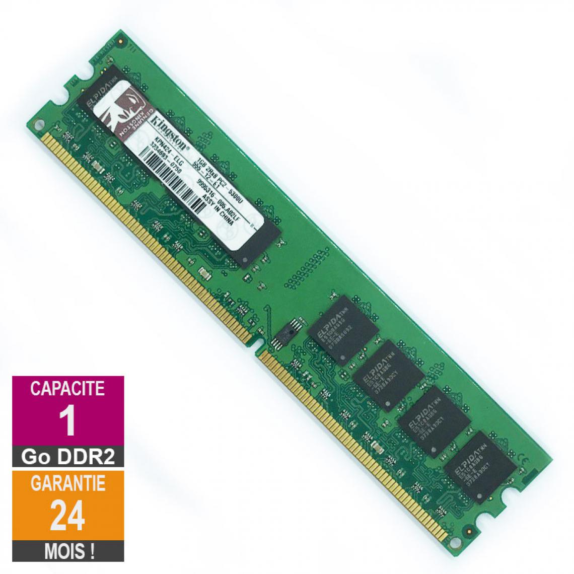 Kingston - Barrette Mémoire 1Go RAM DDR2 Kingston KPN424-ELG DIMM PC2-5300U 2Rx8 - RAM PC Fixe