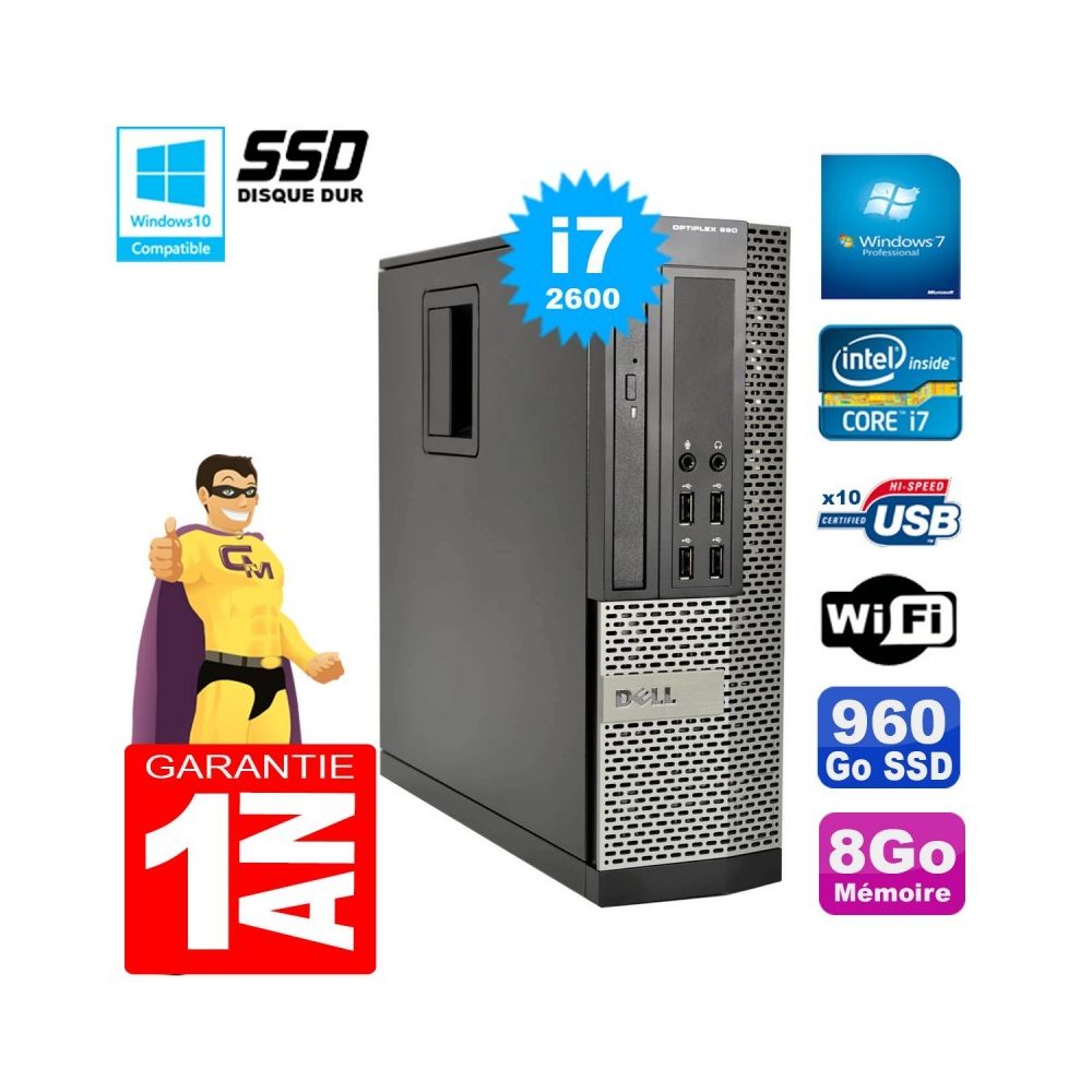 Dell - PC DELL 990 SFF Core I7-2600 Ram 8Go Disque 960Go SSD Graveur Wifi W7 - PC Fixe