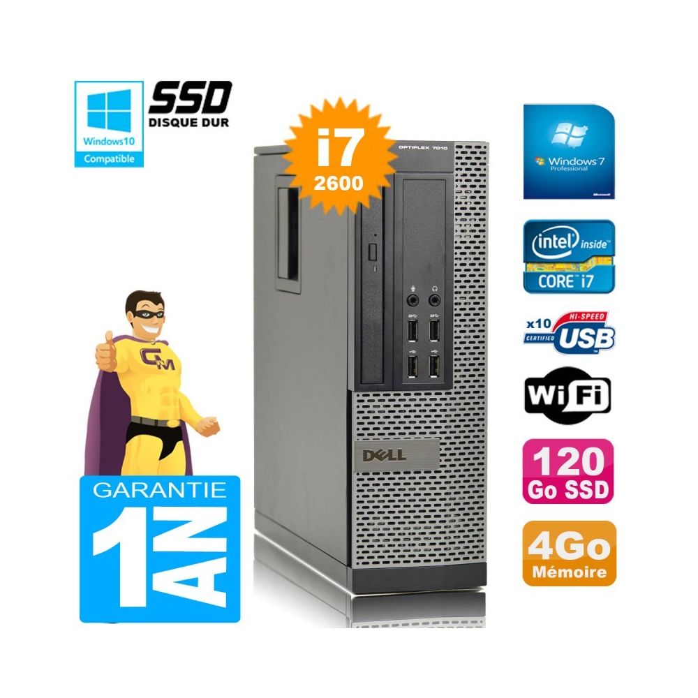 Dell - PC DELL 7010 SFF Core I7-2600 Ram 4Go Disque 120Go SSD Graveur DVD Wifi W7 - PC Fixe