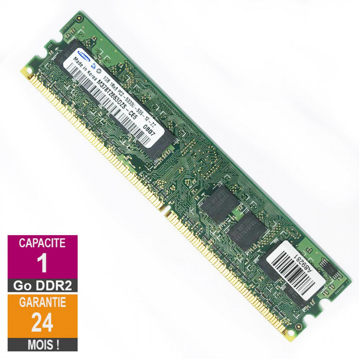 Samsung - Barrette Mémoire 1Go RAM DDR2 Samsung M378T2863DZS-CE6 DIMM PC2-5300U 1Rx8 - RAM PC Fixe
