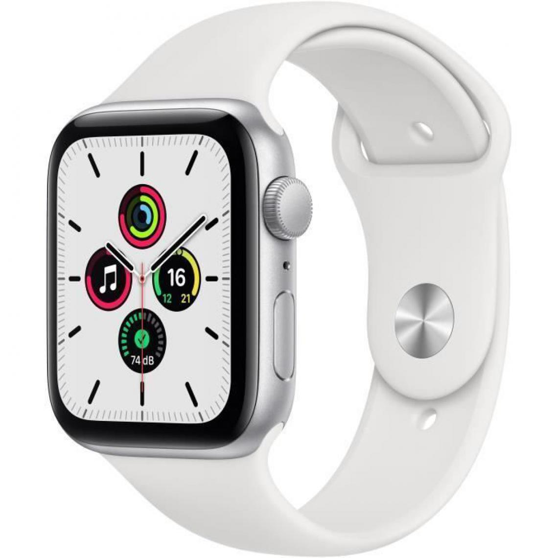 Apple - Apple Watch SE GPS, 44mm Boitier en Aluminium Argent avec Bracelet Sport Blanc - Apple Watch