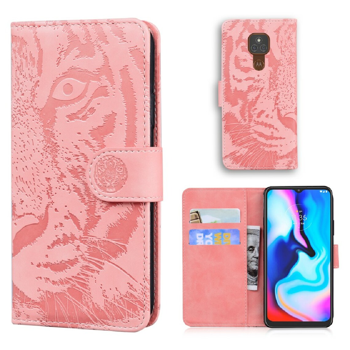 Other - Etui en PU impression de visage de tigre avec support rose pour votre Motorola Moto G9 Play/E7 Plus - Coque, étui smartphone