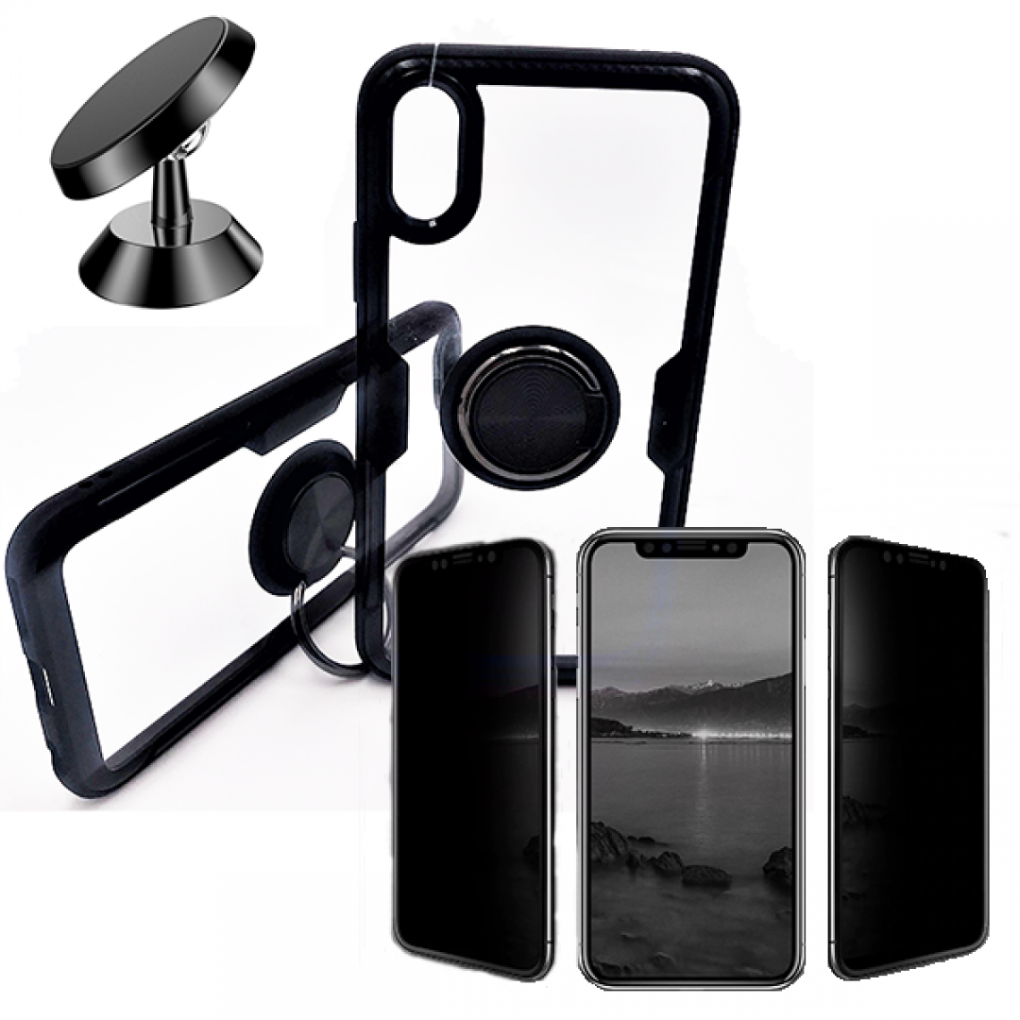 Phonecare - Kit de Verre Trempé 5D Anti-Spy / Intimité + Coque 3x1 Clear Armor + Support Magnétique de Voiture- Iphone X / XS - Coque, étui smartphone
