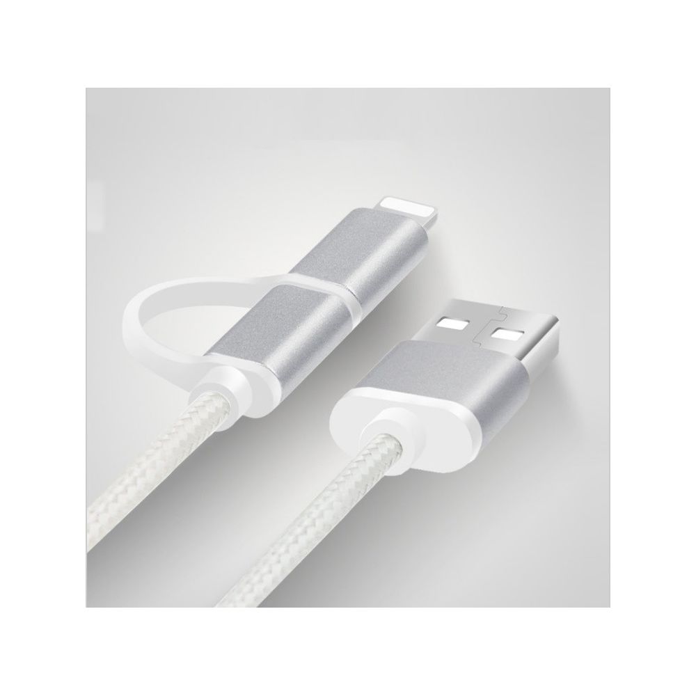 Shot - Cable 2 en 1 Pour SAMSUNG Galaxy J5 Android & Apple Adaptateur Micro USB Lightning 1m Metal Nylon ARGENT - Chargeur secteur téléphone