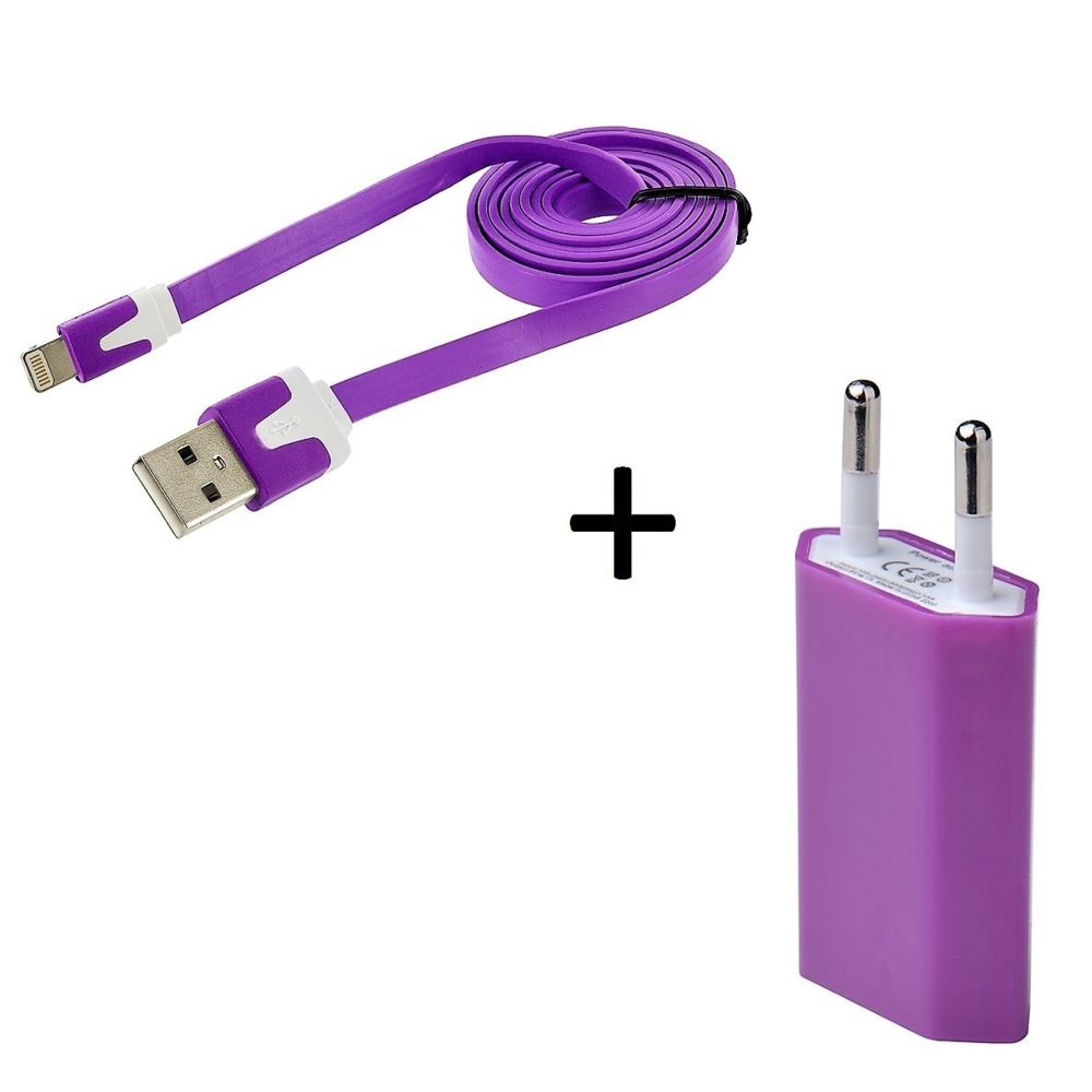 Shot - Cable Noodle 1m Chargeur + Prise Secteur pour IPHONE 5/5S APPLE USB Lightning Murale Pack (VIOLET) - Chargeur secteur téléphone