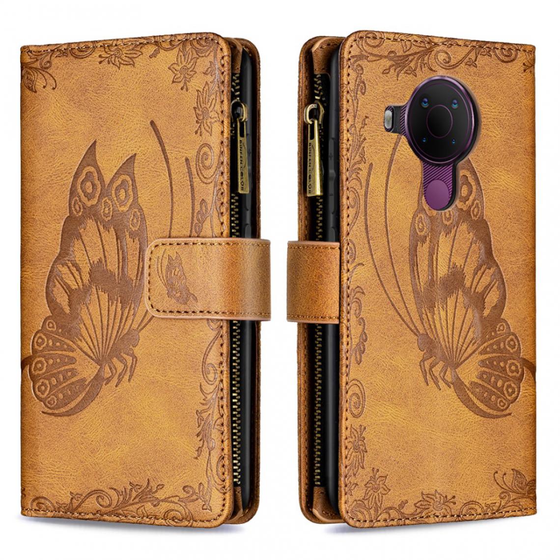 Other - Etui en PU Motif papillon imprimé avec poche zippée avec support marron pour votre Nokia 5.4/3.4 - Coque, étui smartphone