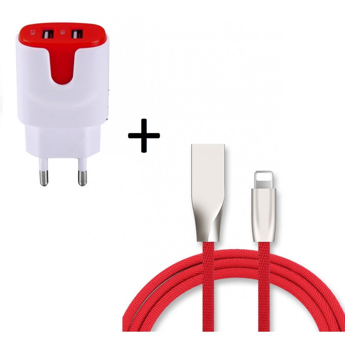 Shot - Pack Chargeur Lightning pour "IPHONE 12 Mini" (Cable Fast Charge + Double Prise Secteur Couleur USB)IOS (ROUGE) - Chargeur secteur téléphone