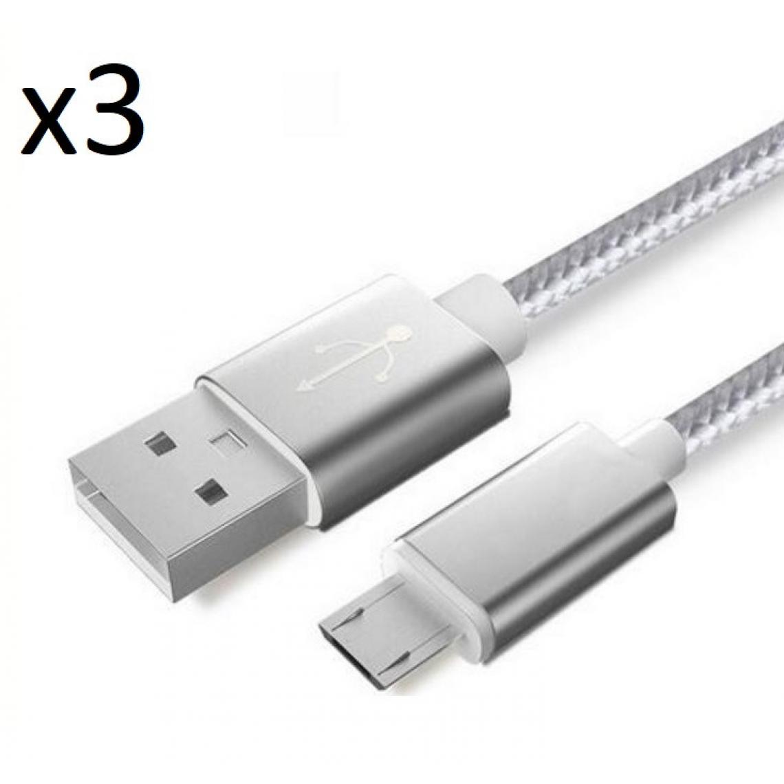 Shot - Pack de 3 Cables Metal Nylon Micro USB pour WIKO Y60 Smartphone Android Chargeur (ARGENT) - Chargeur secteur téléphone