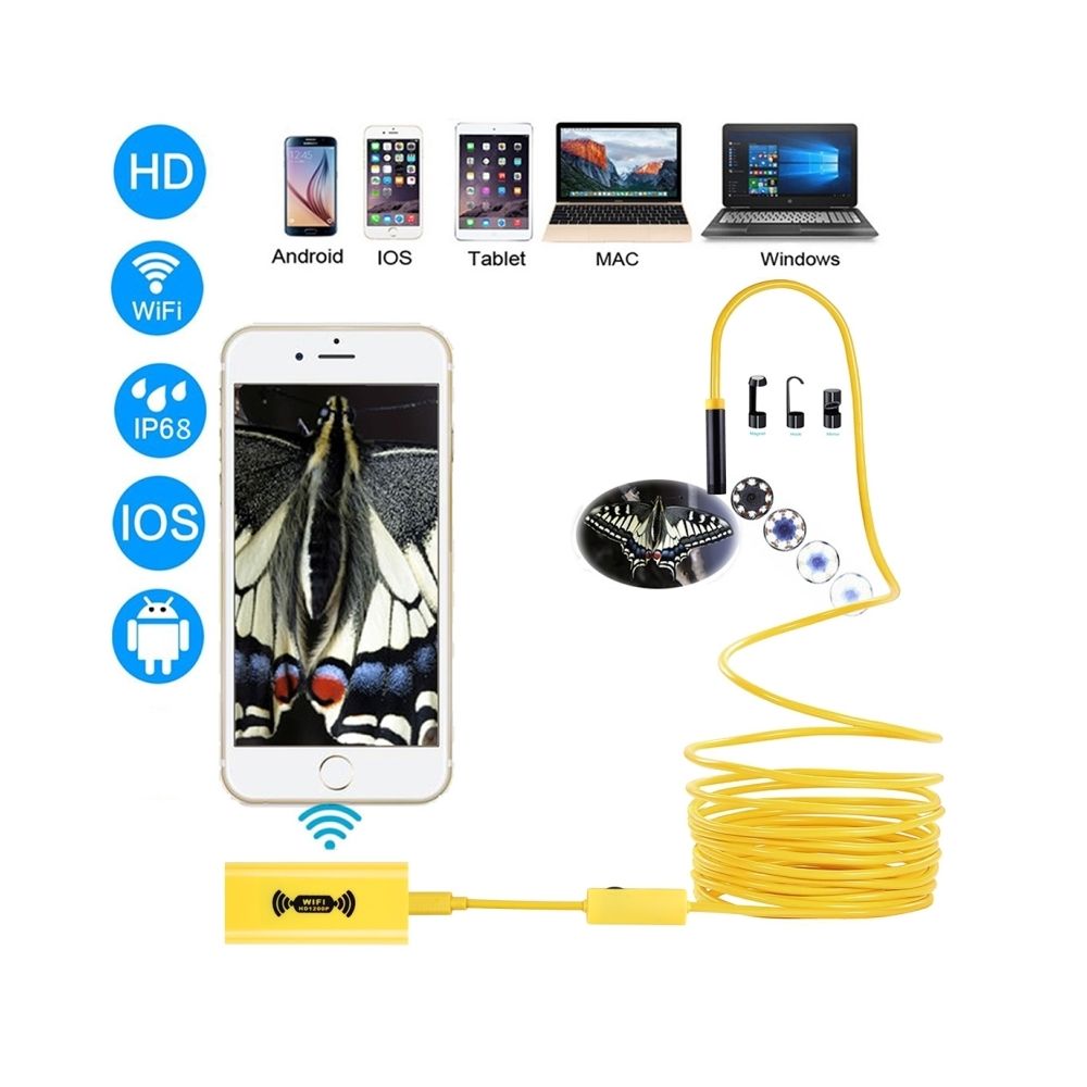 Wewoo - Endoscope numérique jaune 1200 P HD Pixels WiFi Snake Tube caméra d'inspection avec 8 LED, IP68 imperméable à l'eau, Diamètre de l'objectif: 8 mm, Longueur: 10 m, ligne dure - Autres accessoires smartphone