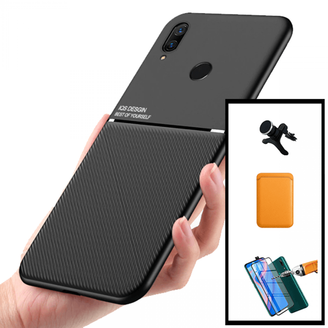 Phonecare - Kit Coque Magnétique Lux + Portefeuille Magnétique Orange + Film de Verre Trempé 5D à Couverture Complète + Support Magnétique de Voiture Renforcé pour Huawei P Smart Z - Coque, étui smartphone