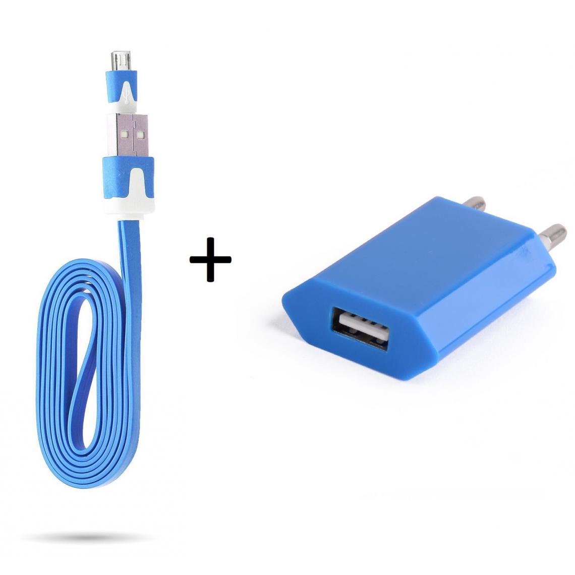 Shot - Cable Noodle 1m Chargeur + Prise Secteur pour WIKO Y60 Smartphone Micro USB Murale Pack Android (BLEU) - Chargeur secteur téléphone